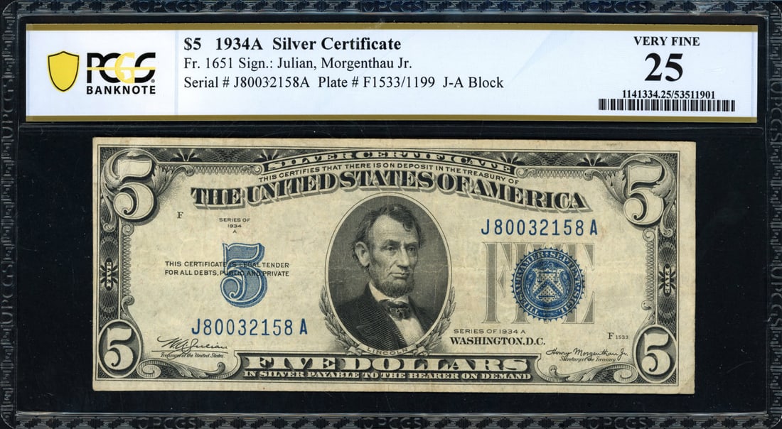 1934A $5 Silver Certificate Fr. 1651 (JA Block) Julian/Morgenthau PCGS Very Fine 25: 1934A Series $5 Silver Certificate, cataloged as Friedberg 1651, bearing the Julian/Morgenthau signature combination. This note is graded?Very Fine 25 by PCGS Banknote, indicating moderate circulation