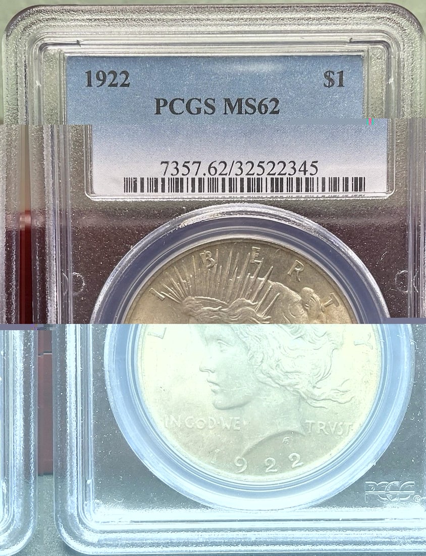 1922 Peace Silver Dollar PCGS MS62: 1922 Peace Silver Dollar certified PCGS MS62. Struck in 90% silver by the United States Mint, the Peace Dollar was introduced to commemorate the restoration of peace following World War I and remains