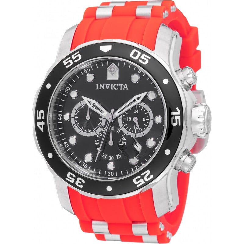 Invicta Pro Diver Chronograph GMT Men?s Sport Watch with Black Dial and Red Accent Strap: Built for bold everyday wear, this Invicta Pro Diver sport watch combines rugged performance with striking style. The oversized 48 mm stainless steel case is paired with a distinctive two-tone red