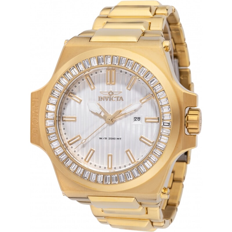 Invicta Akula Gold-Tone Crystal Accent Quartz Men's Watch: Make a bold statement with this striking Invicta Akula men's watch, designed for those who appreciate oversized styling and standout detail. Featuring a massive 58mm round case crafted from