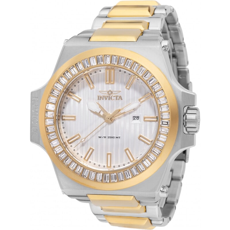 Invicta Akula Crystal Two-Tone Silver Dial Men's Watch: Make a powerful statement with this bold Invicta Akula men's watch featuring a striking two-tone gold and silver-tone stainless steel bracelet paired with a crystal-accented stainless steel case and
