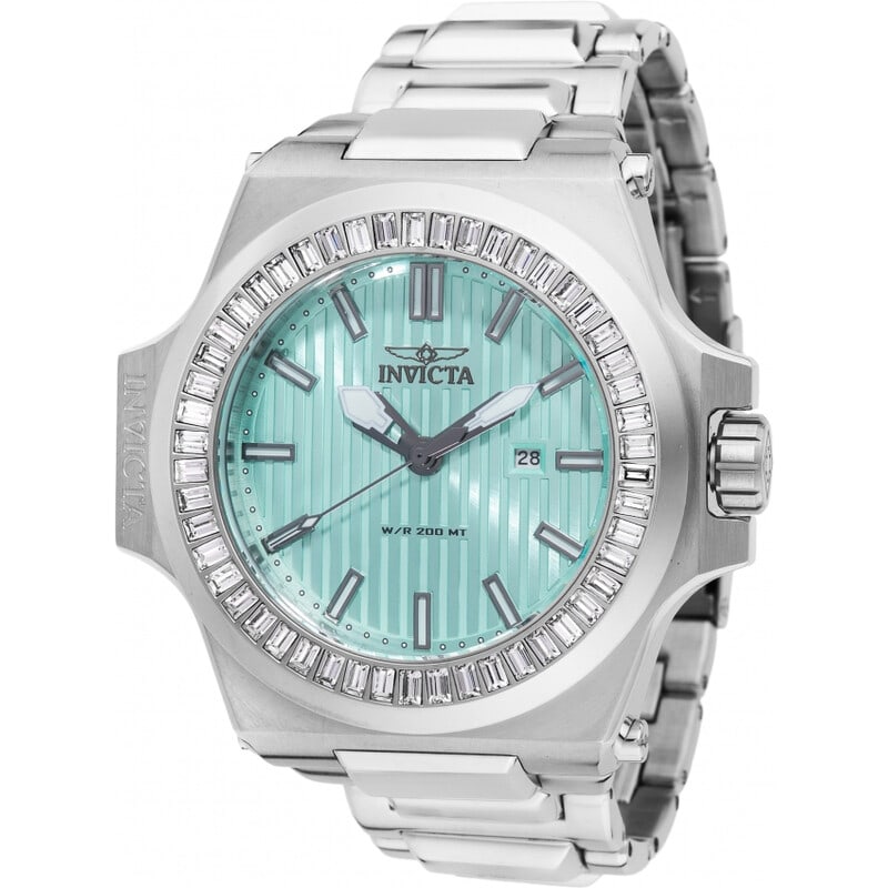 Invicta Akula Crystal Accented Light Blue Dial Men's Watch: Make a bold statement with this striking Invicta Akula men's watch featuring a massive 58mm round case crafted from crystal and stainless steel. The light blue analog dial is paired with black hands