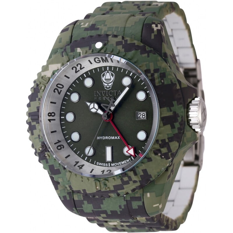 Invicta Reserve GMT Green Dial Men?s Dive Watch: Make a bold statement with this Invicta Reserve GMT men?s dive watch, designed for those who prefer their wristwear large, rugged, and impossible to ignore. The oversized 52 mm stainless steel case