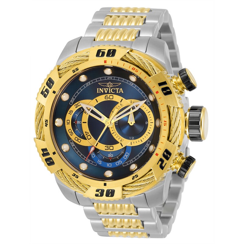 Invicta Speedway Chronograph GMT Blue Dial Two-Tone Men's Watch: Bold, sporty, and built to stand out, this Invicta Speedway Chronograph delivers a commanding presence with its oversized 50mm stainless steel case and striking blue dial. The two-tone stainless