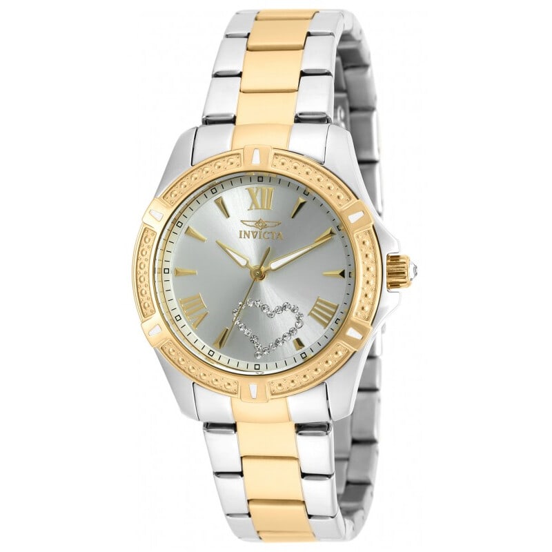Invicta Angel Silver Dial Two-Tone Women's Watch: Elegant and versatile, this Invicta Angel women's watch combines classic styling with modern durability. The polished stainless steel case is paired with a sophisticated two-tone bracelet featuring si