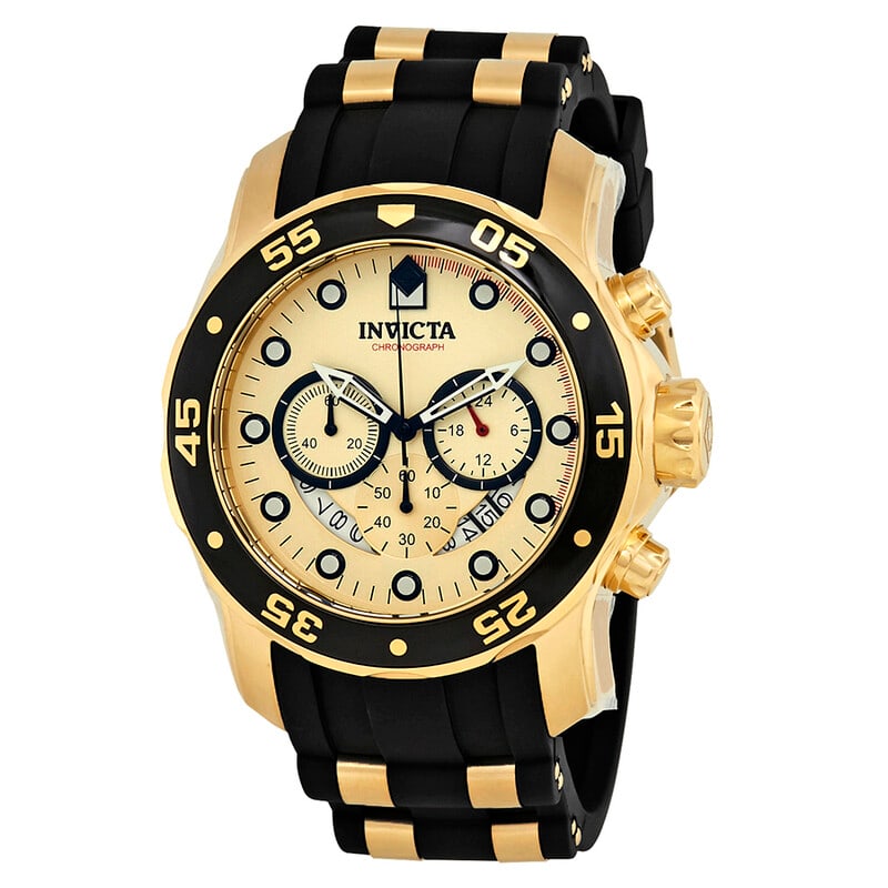 Invicta Pro Diver Chronograph Gold Dial Black Strap Men's Watch: Bold and sporty with a striking gold-tone design, this Invicta Pro Diver chronograph watch delivers a powerful wrist presence built for everyday wear and active lifestyles. The oversized 48mm stainles