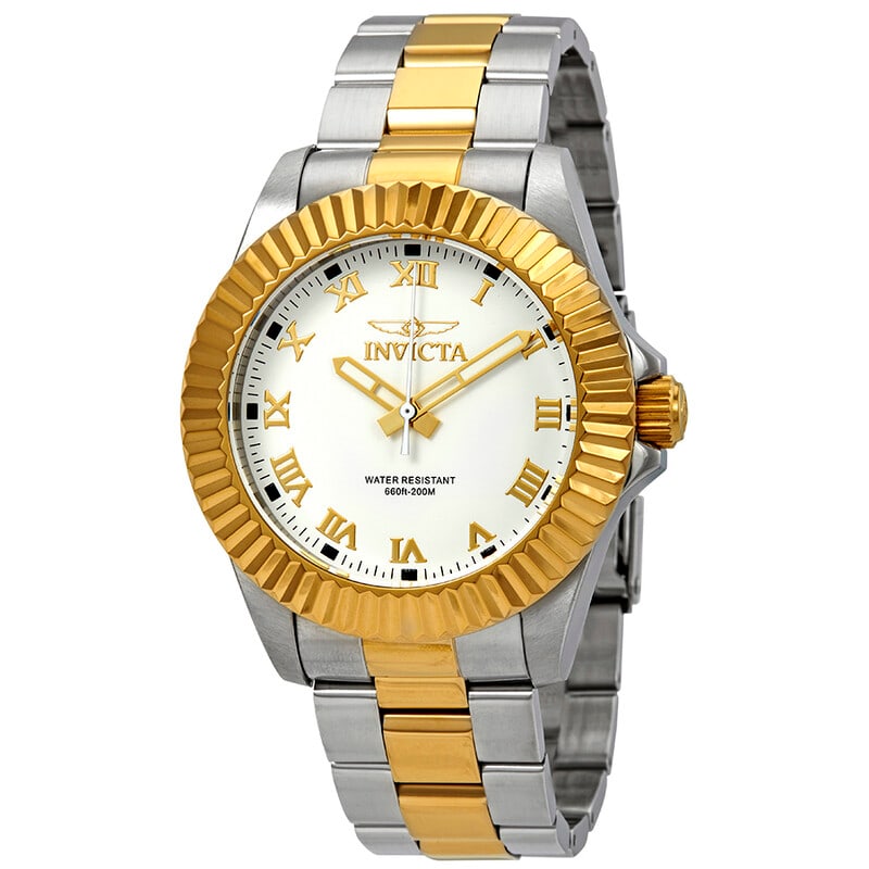 Invicta Pro Diver Two-Tone White Dial Men's Watch: Make a bold statement with this sophisticated Invicta Pro Diver men?s watch, designed with a striking two-tone stainless steel bracelet and a clean white dial accented by elegant Roman numeral hour ma