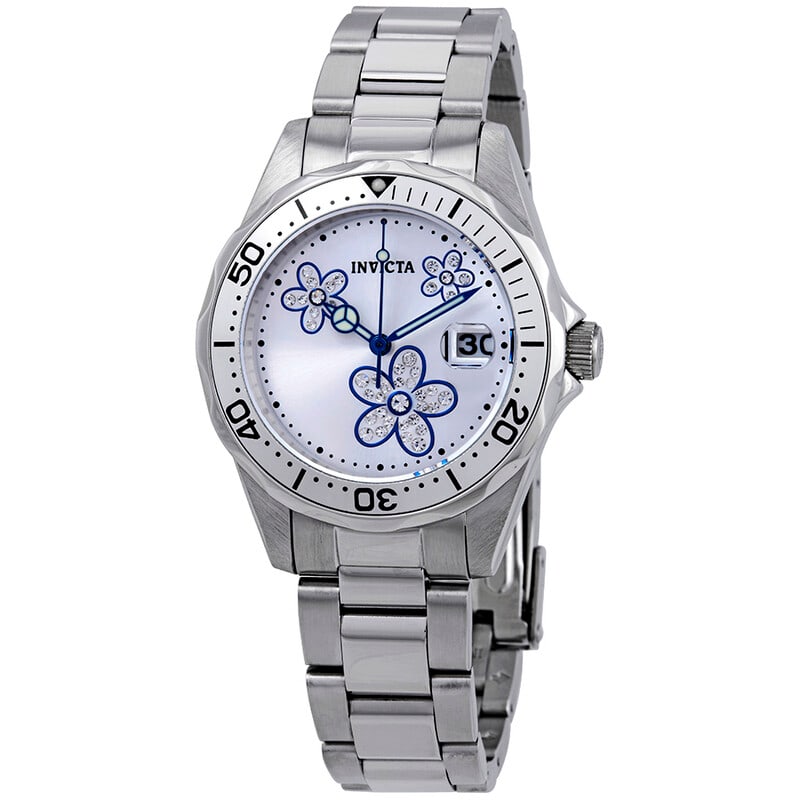 Invicta Pro Diver Women's Silver Dial Stainless Steel Watch: Elegant styling meets everyday functionality in this Invicta Pro Diver women?s watch. Crafted with a polished stainless steel case and matching silver-tone bracelet, this timepiece delivers a sleek an