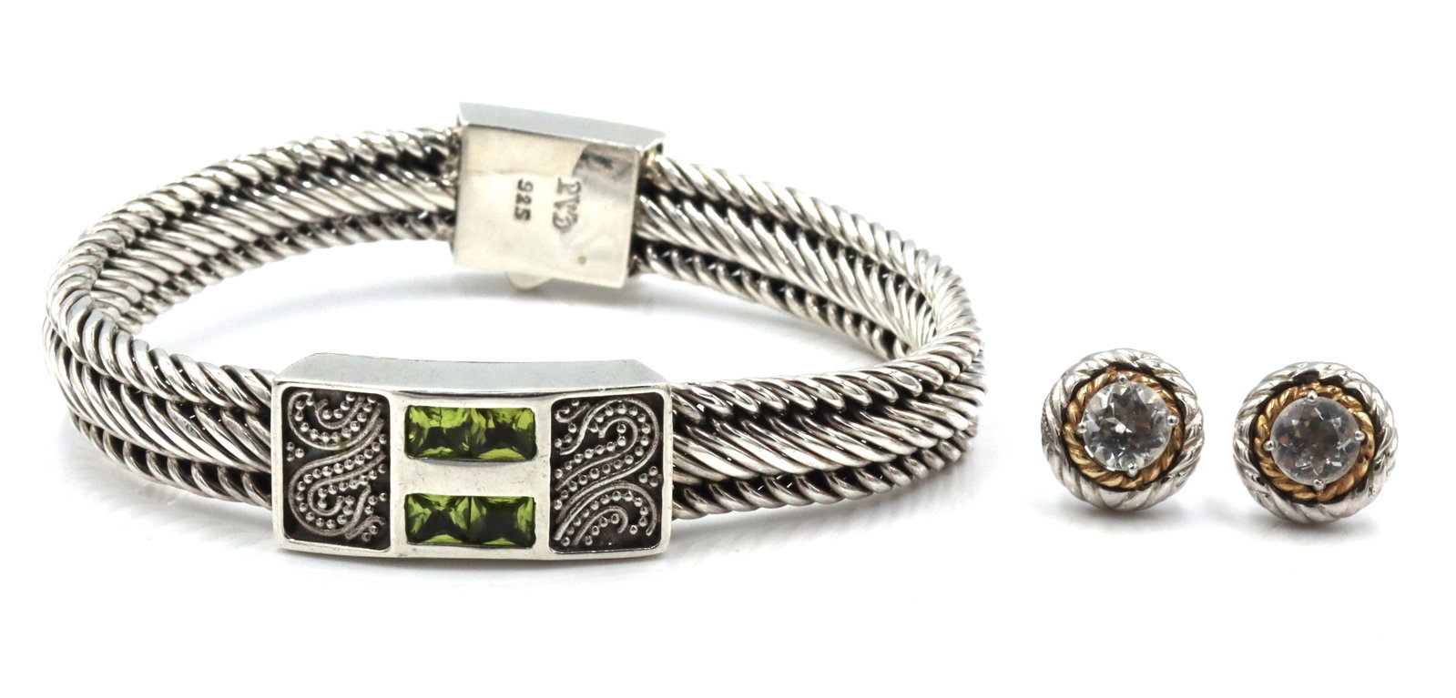 925 Sterling silver signed woven bracelet and cubic zirconia stud earrings (1 of 7)