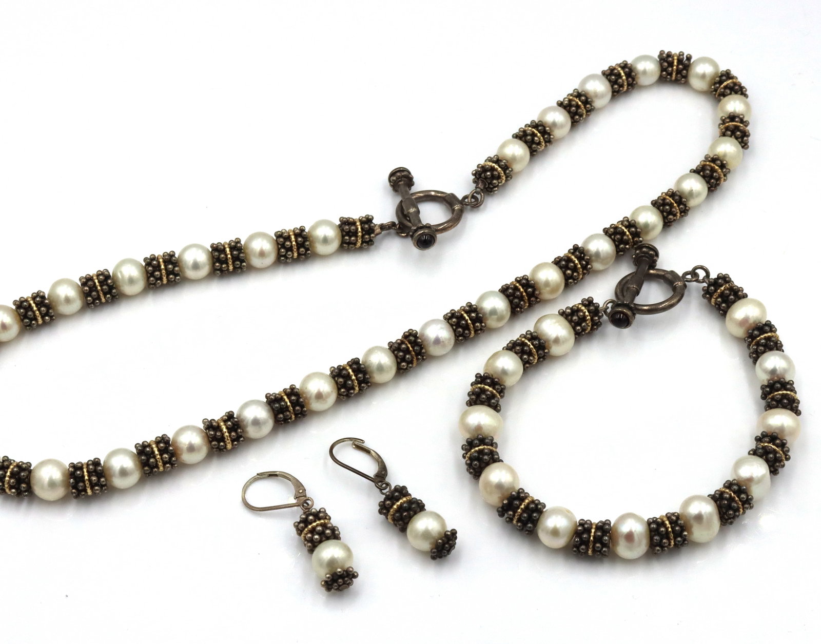 Set of Vintage 925 sterling silver pearl beaded necklace, bracelet and earrings (1 of 7)
