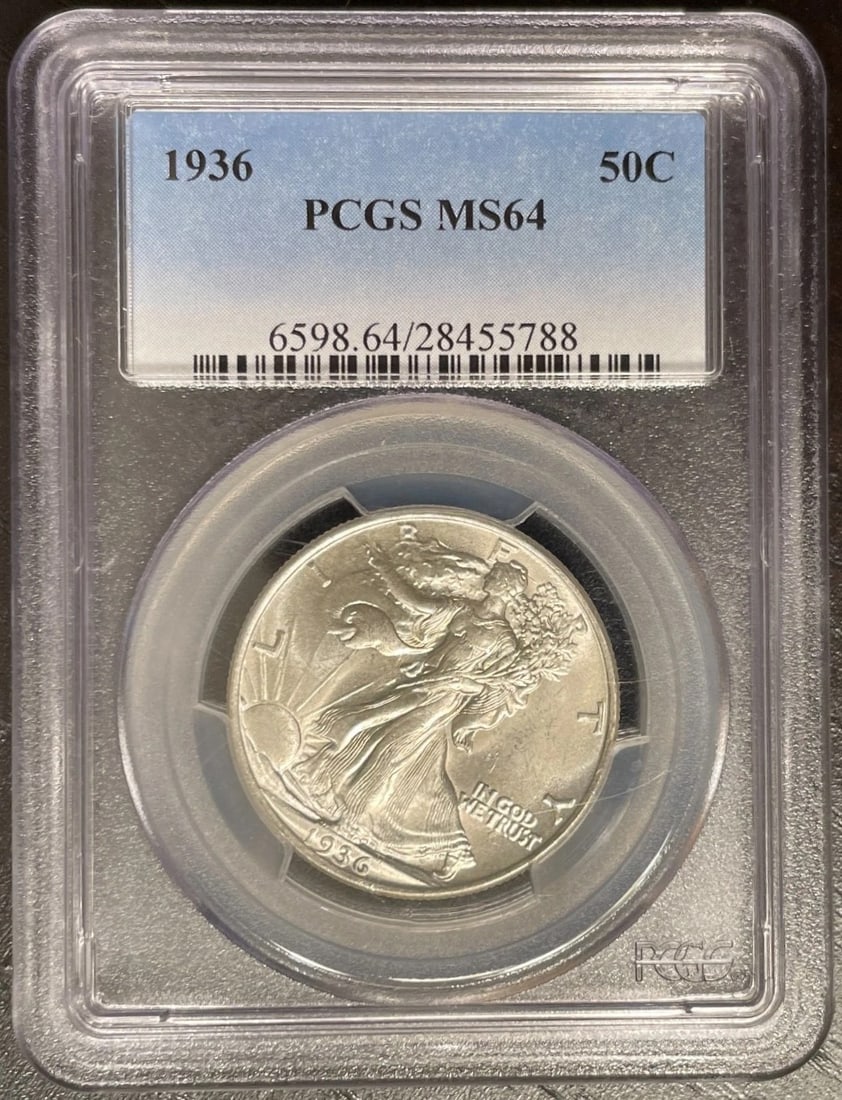 1936 Walking Liberty Half Dollar PCGS MS64 Brilliant Uncirculated Silver 50C: 1936 Walking Liberty Half Dollar, one of the most admired designs in American coinage. Designed by Adolph A. Weinman, the Walking Liberty series was struck from 1916 through 1947 and remains a