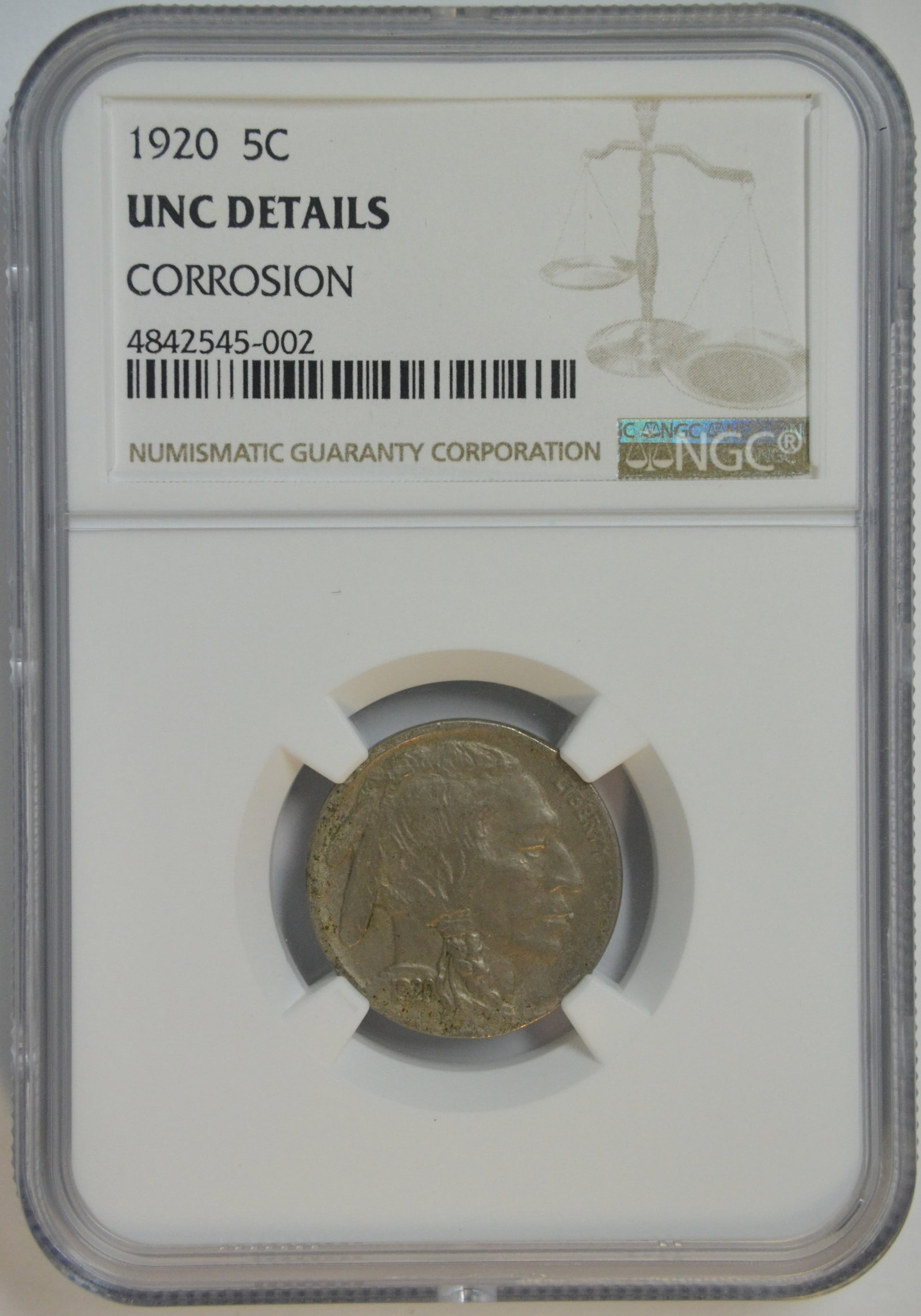 1920 Buffalo Nickel 5C NGC UNC Details Corrosion Early Date Type Coin: 1920 Buffalo Nickel (Five Cents) certified by NGC (Numismatic Guaranty Corporation) as UNC Details ? Corrosion. NGC UNC Details (Corrosion). Designed by James Earle Fraser, the Buffalo Nickel is one