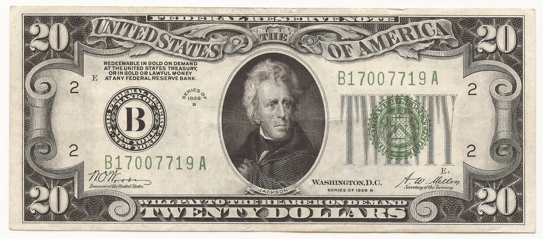 1928-B $20 Federal Reserve Note New York District (FRN-2052-B) Andrew Jackson Large Seal (1 of 2)