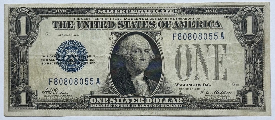 1928 $1 Silver Certificate (Funny Back) Fr. 1601 Blue Seal Circulated Example (1 of 2)