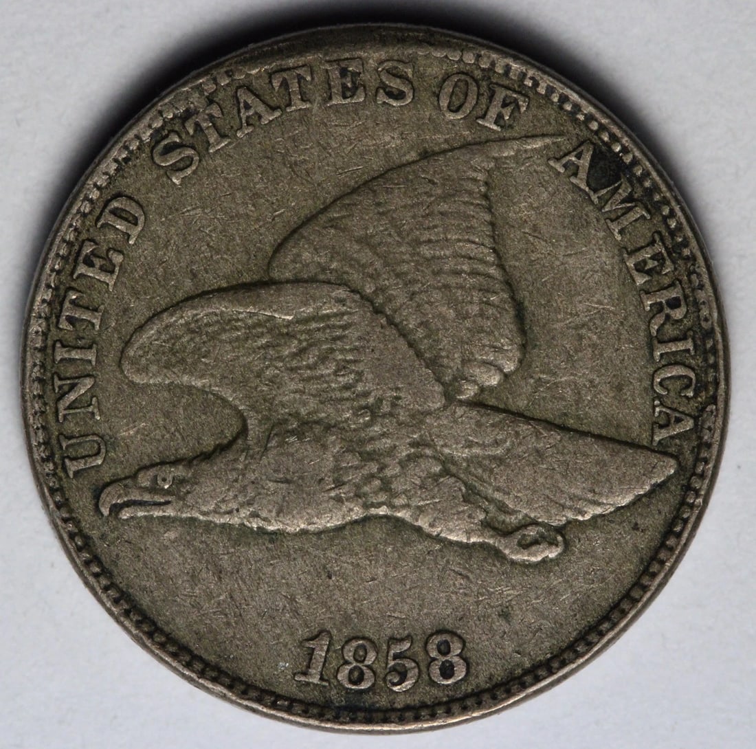 1858 Flying Eagle Cent Early U.S. Small Cent Type Coin Good (G) Details: 1858 Flying Eagle Cent, one of the most popular and historically significant small cents issued by the United States Mint. Struck for only a short period from 1856 to 1858, the Flying Eagle design mar