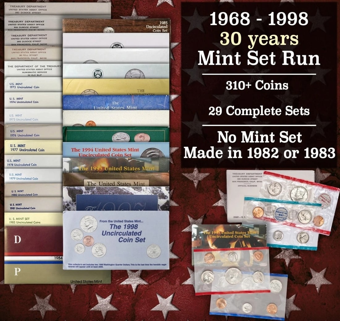 1980–1998 Original Government Packaging Complete Run of 17 U.S. Mint Sets (1 of 2)