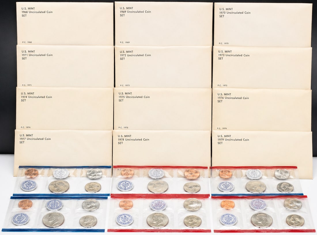 1968–1979 Original Government Packaging Complete Run of 12 U.S. Mint Sets (1 of 2)