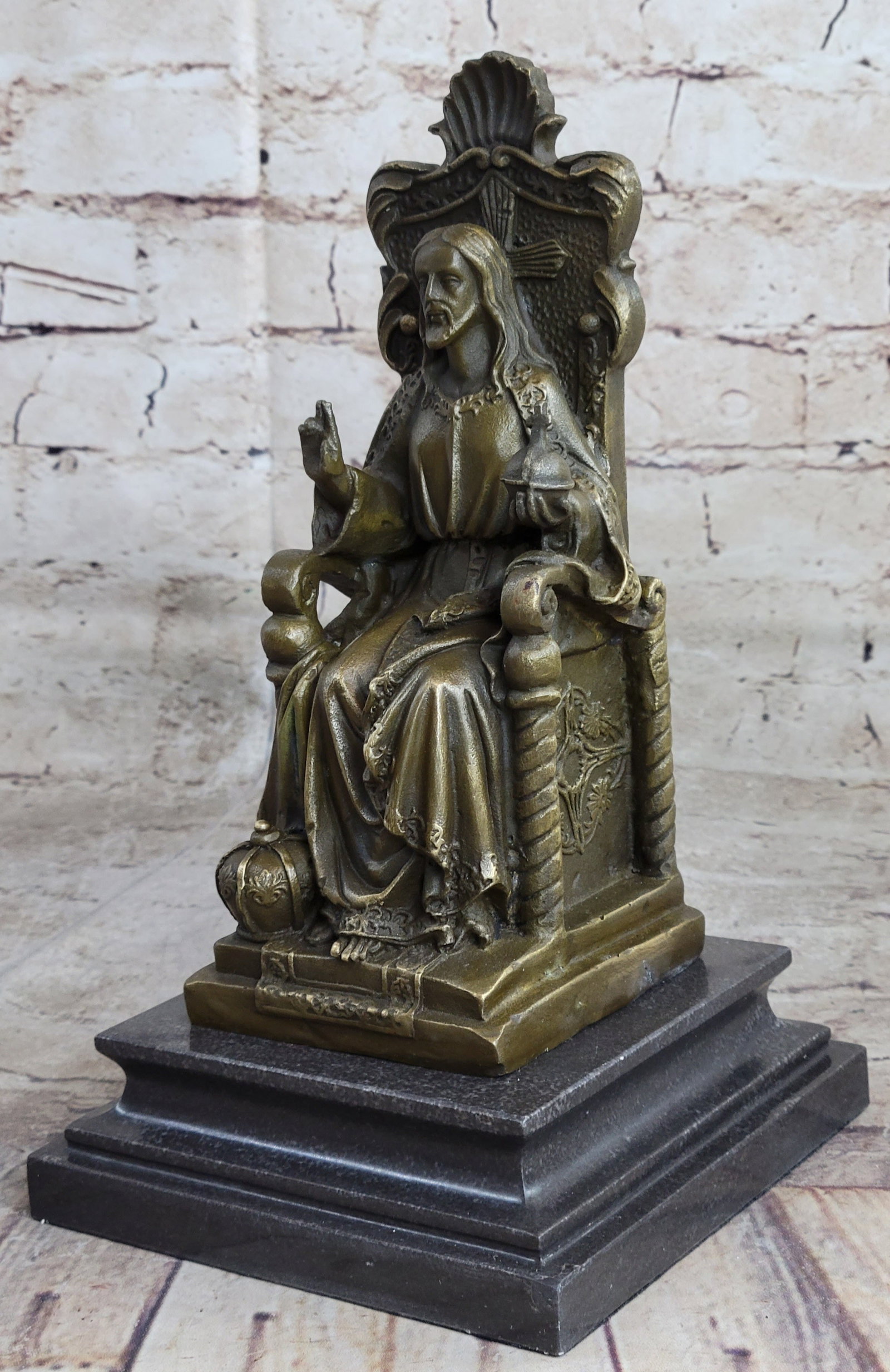 Art Deco Bronze Sculpture Statue Figure Bible Jesus NR Religious Art: The bronze sculpture honoring Jesus Christ shows him seated on a throne of heaven. The right hand is the place of honor and the Lord sitting down at the right hand of the Father is generally termed Hi