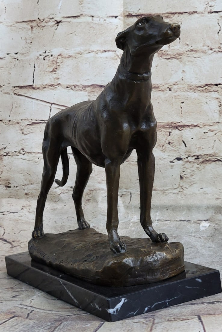 Greyhound Family Dog Bronze Sculpture: A delightful bronze statue. Handcrafted from high-density sculpting solid bronze and finished in fabulous dark brown patina. A high-quality bronze greyhound. This sculpture has a deep rich patina and 