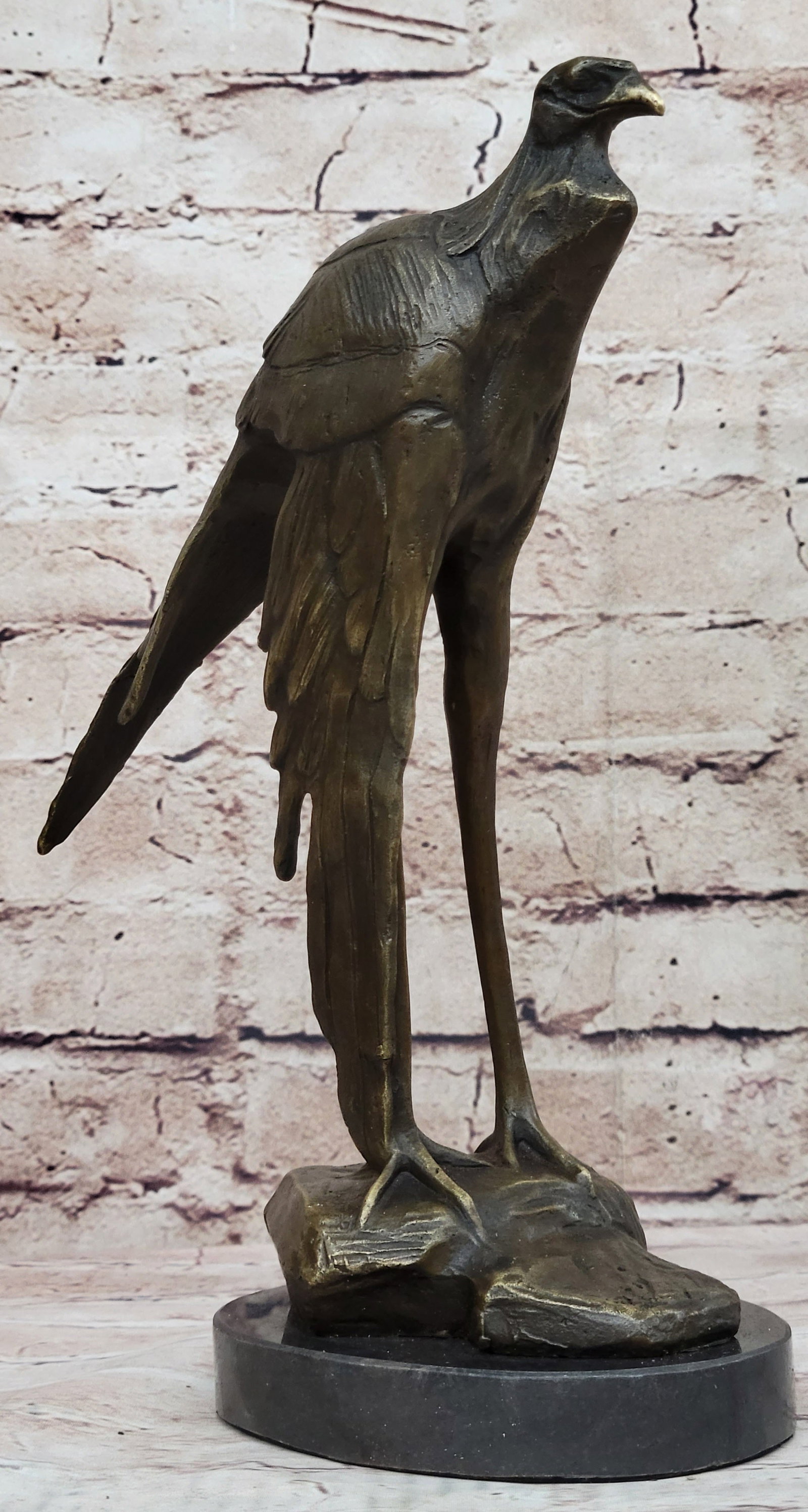 Wildlife African Bird Bronze Sculpture: This Bronze Sculpture is of a Secretary Bird. Standing tall with crane like legs and long wings, this bird is breathtaking. The sculpture was made using the Lost Was Method. A simply gorgeous piece