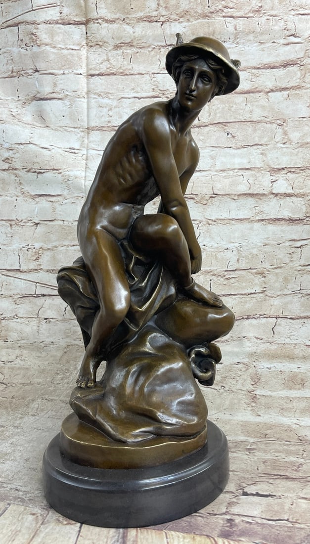 Mercury Classic Roman Myth Bronze Sculpture: This is a bronze rendition of the Roman mythological god Mercury. Mercury is seen seated among the billows of clouds hurriedly preparing himself for his celestial duty. The beholder witnesses him tyin