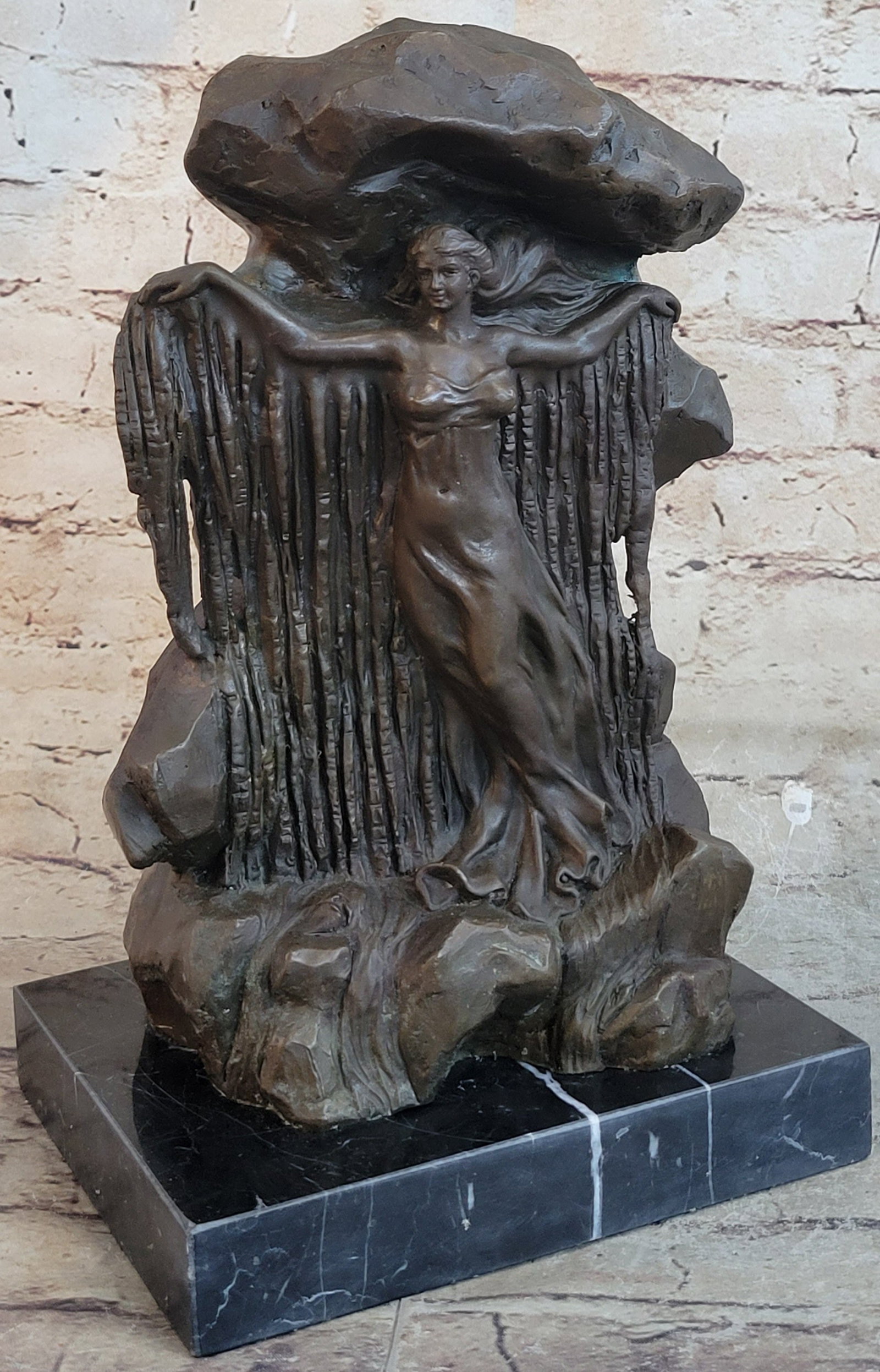 Greek Mythology Bronze Sculpture: Beautiful gilt bronze nude with long flowing hair, she is chained to the rock as a sacrifice to the sea monster. Perseus returning from the slaying of a giant serpent wearing Mercury sandals and