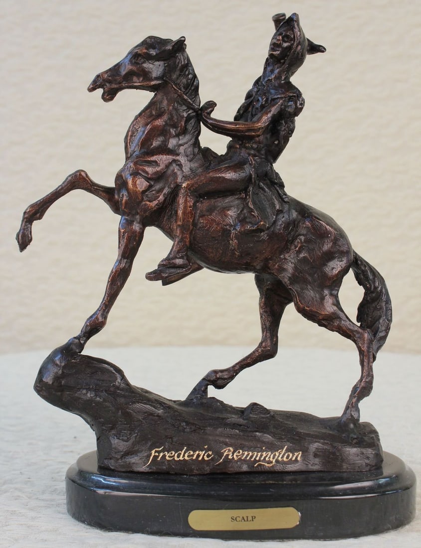 The Scalp Bronze Statue: Proud, resilient, strong, and a fierce warrior, this Native American watches over his land and tribe. Great attention to detail was paid to his clothing. Most Indian men did not use shirts, but he