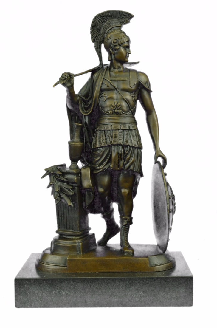 Odysseus Roman Warrior Bronze Sculpture: The Roman legion soldier stands nude, except for some regalia, looking to the horizon of a scarred battlefield. A top of his head he wears a galea, which is a soldier\'92s helmet. Baldric straps acros