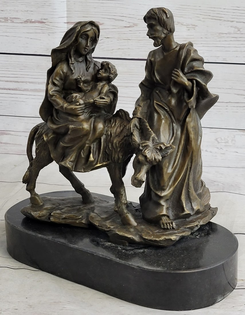 Flight into Egypt Biblical Event Holly Family Bronze Sculpture: The flight into Egypt is a biblical event described in the Gospel of Matthew (Matthew 2:13-23), in which Joseph fled to Egypt with his wife Mary pregnant with Jesus after a visit by Magi because they