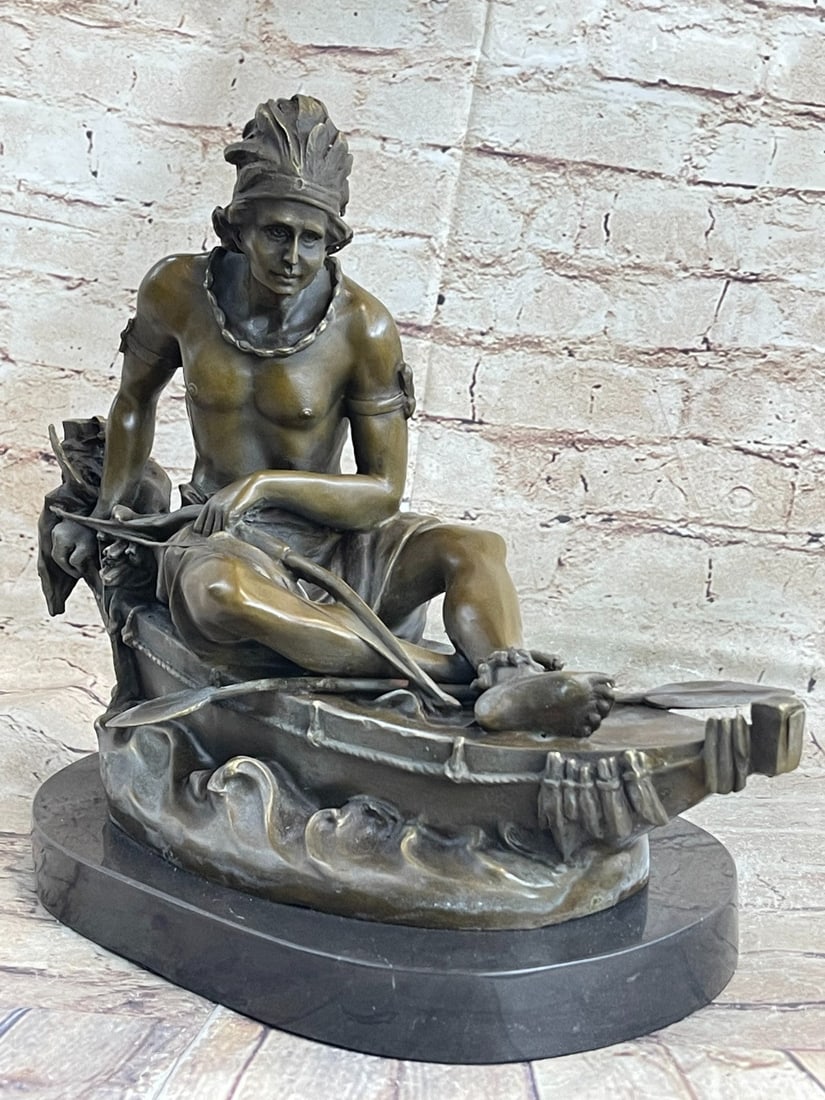 Maiden in Canoe Bronze Sculpture: Wonderful Bronze study of an Indian woman seated in her canoe, looking over her shoulder. This piece has also been referred to as a representation of the Indian princess, Pocahontas. It is an