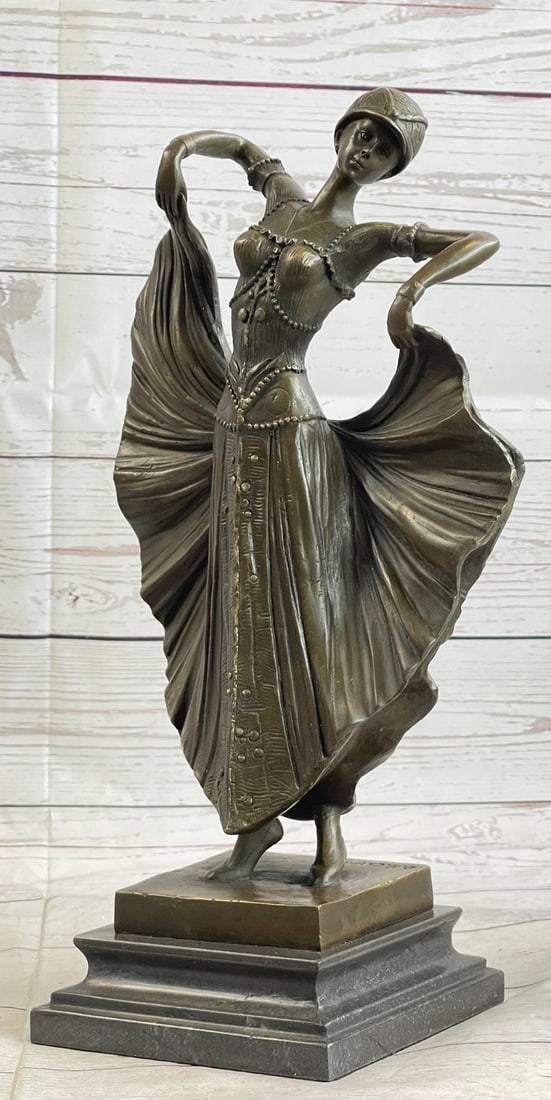 Dancer Bronze Sculpture on Marble Base Figurine: A fabulous Bronze sculpture of the Dancer. The Bronze has a wonderful gilded patination highlighted with enamel colors. The handmade Bronze Sculpture was cast using the ancient method of lost wax cast