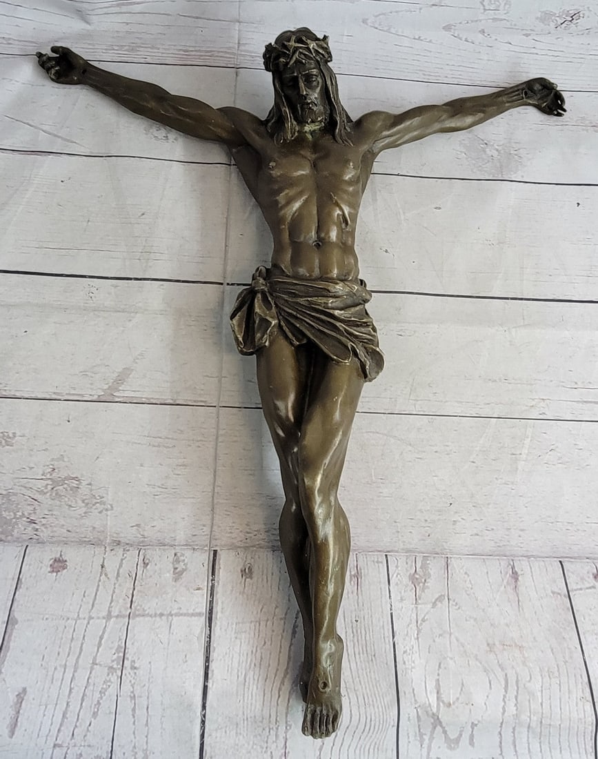 Crucifixion Cross of Jesus Christ Wall Bronze Sculpture: Christ, hanging below a sign proclaiming INRI, or King of the Jews, is depicted on the cross where he gave his life as restitution for all who believe, repent and call on His name. This artist's