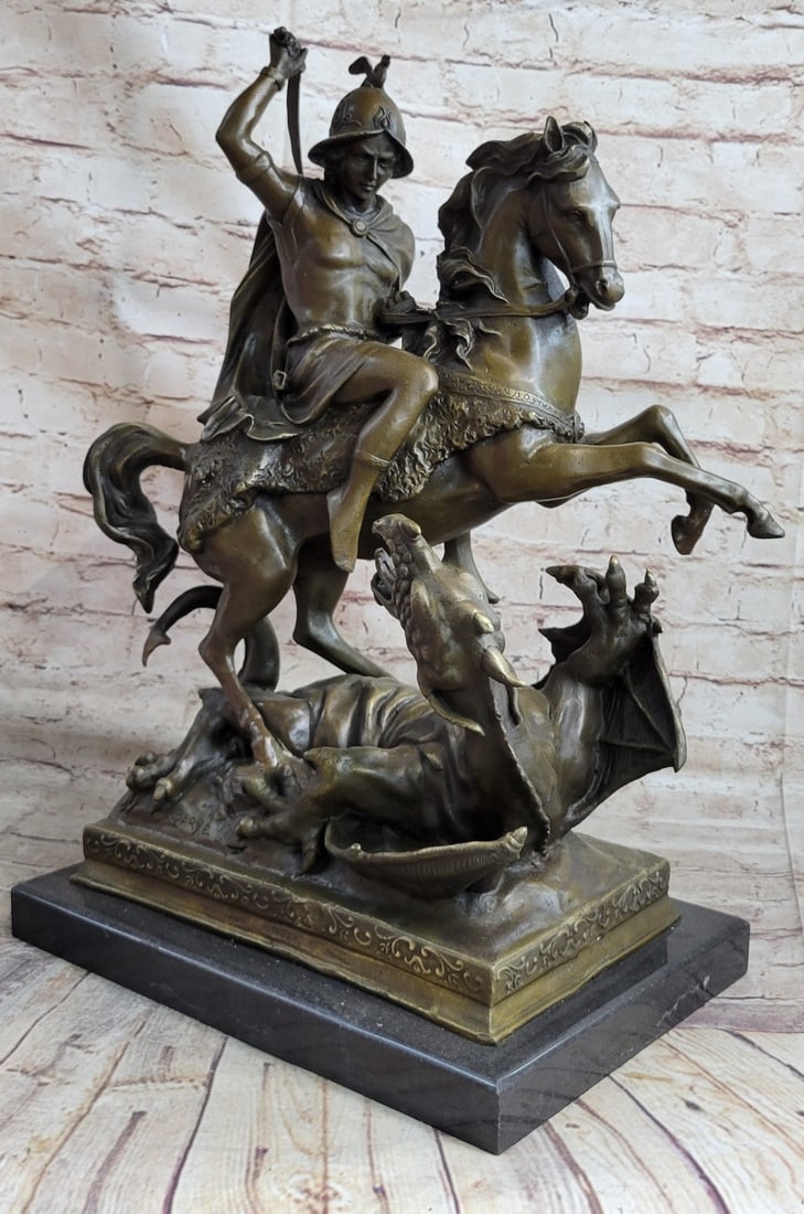 Dragon Slayer Patron Military Bronze Statue: This is a Bronze Sculpture depicting the legendary Saint George Killing a dragon. The slaying is said to have happened in a place called Silene in Libya. A plaque-bearing dragon lived around a town of