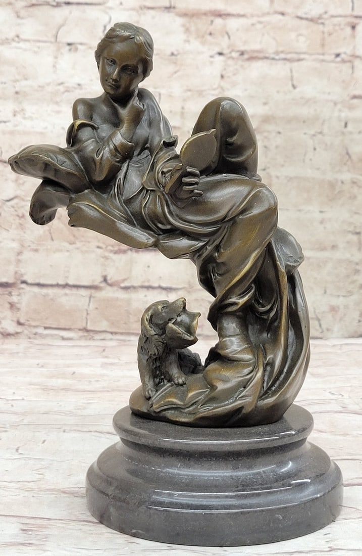 Little Lady with Dog Baby Bronze Sculpture: The self-admiring beauty is casually seated among a spiraling cascade of suspended cushioned pillows in flowing robes. Her left-hand holds a hand mirror. She turns her head, inspecting her beautiful