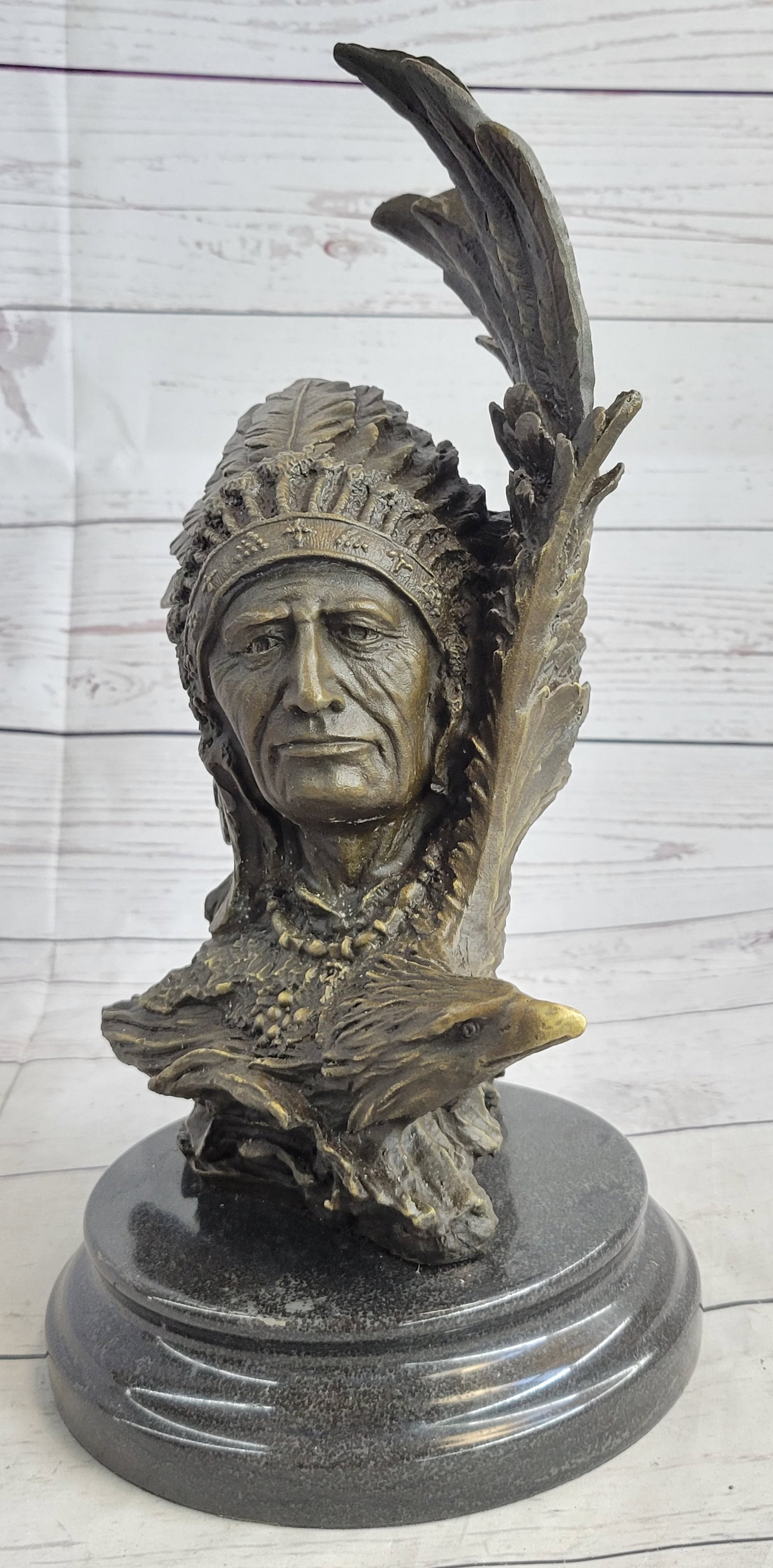 Native American With Eagle Bronze Statue - 3
