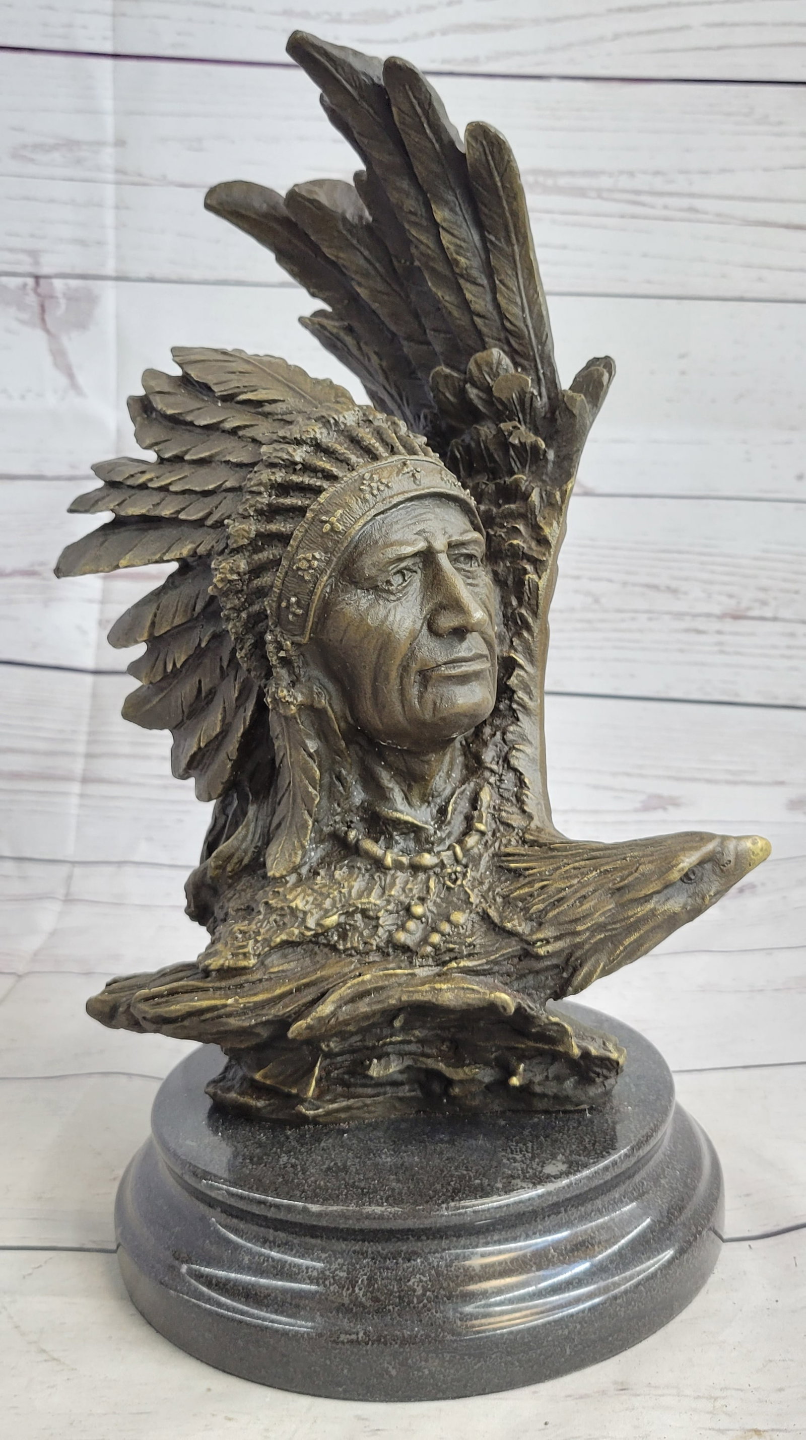 Native American With Eagle Bronze Statue - 4