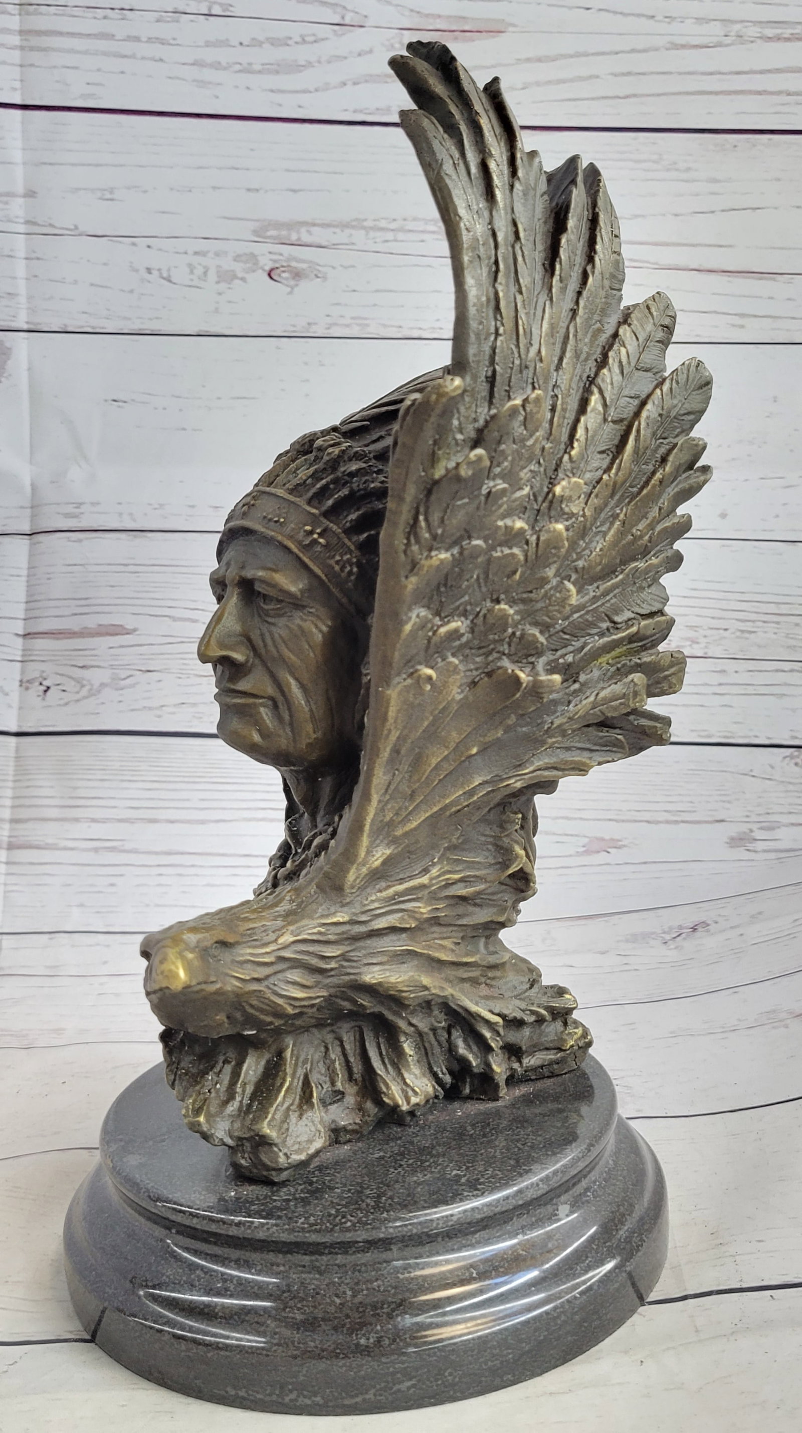 Native American With Eagle Bronze Statue - 5