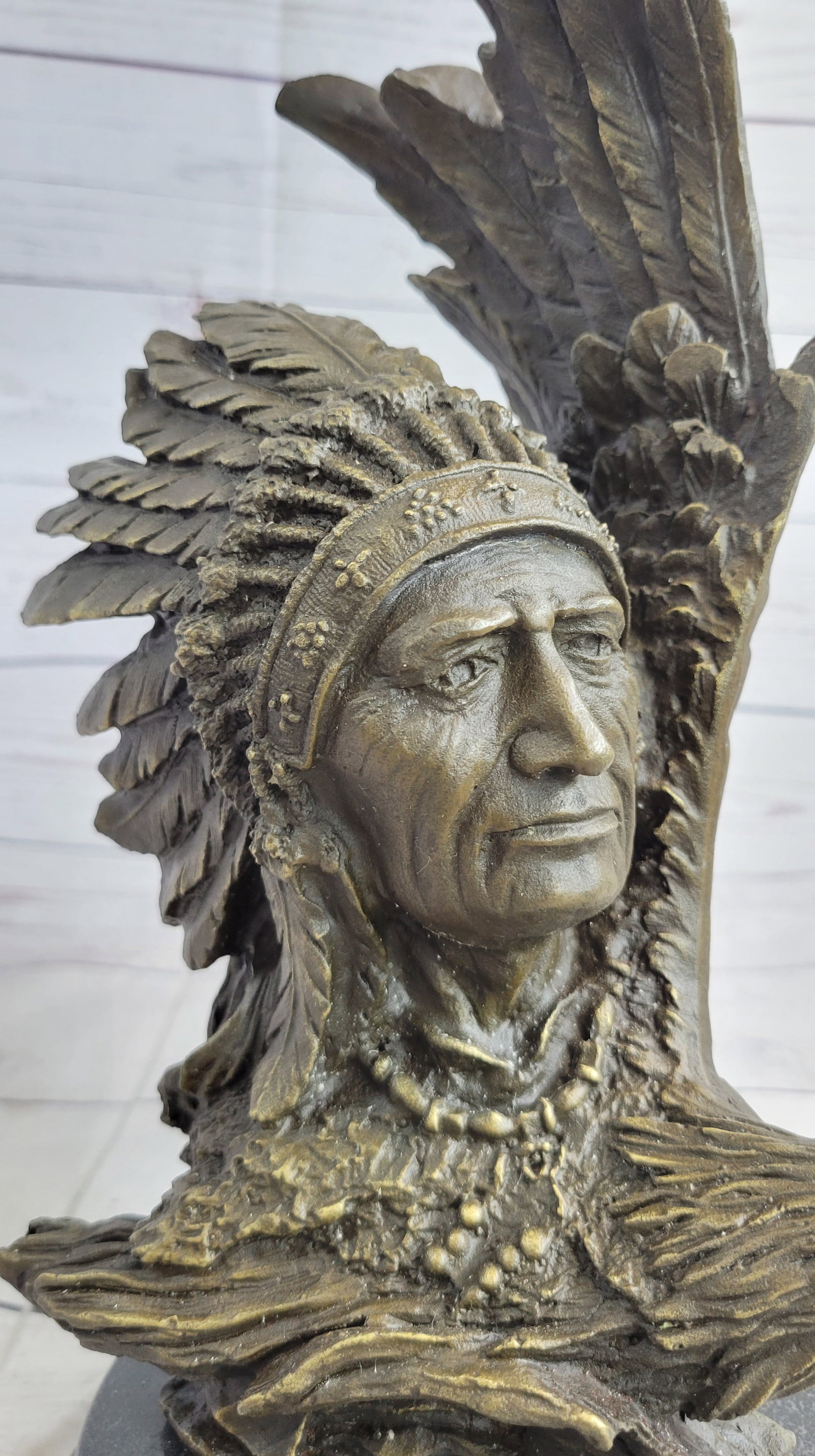 Native American With Eagle Bronze Statue - 8