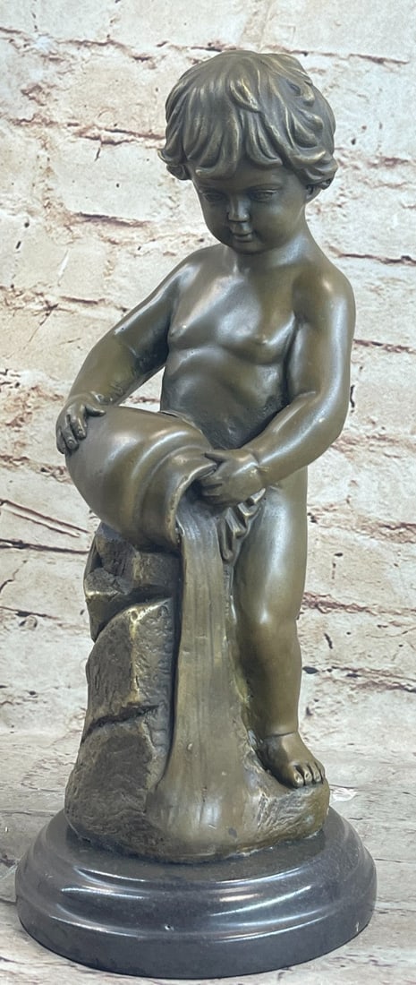 Sweet Young Nude Boy with a Jug of water Bronze Sculpture: A sweet little boy empties out jug water. Gorgeous layers of hair adorn his head. The water is a simple pleasure for this innocent child. It is a wonderful thing to witness the joy that comes across a