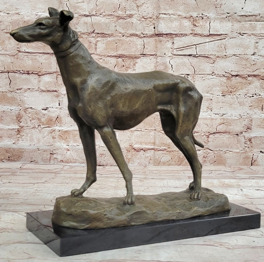 Racing Dog Bronze Statue: Greyhound sculpture uses the traditional lost wax process. Attention to detail and love of the Greyhound breed is captured in this lovely miniature bronze. Hand finished all stages including the