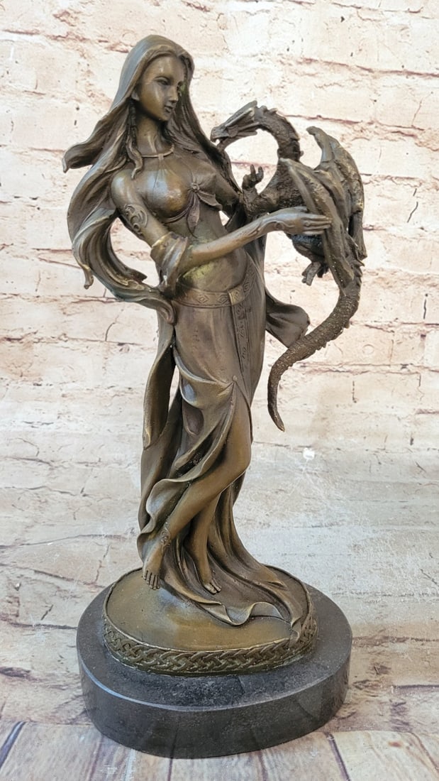 Winged Serpent Snake Dragon Bronze Sculpture: This astonishing woman stands on her toe, as a big dragon stand in front of her. She has the most amazing and sexy body for a female, you can see her flat stomach. The Dragon is very large and his