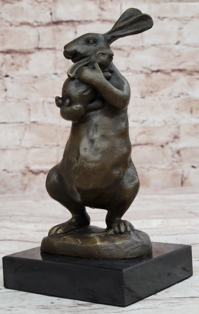 Bunny With Baby Bronze Statue: This adorable sculpture shows the relationship between parent and child. Even animals have the natural instinct to love and nature their children. The baby bunny is so small in comparison to his