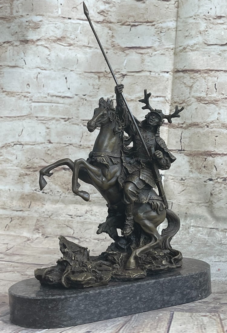 Samurai Bronze Sculpture: A Samurai warrior races to the front line of battle on his loyal and speedy steed. His horse rears back as he raises his spear with determination, ready for anything. He is dressed in protective
