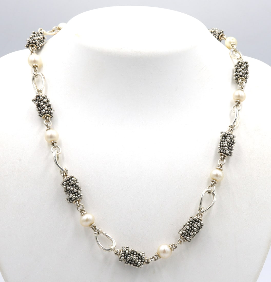 Michael Dawkins 925 sterling silver pearl necklace: Michael Dawkins 925 sterling silver pearl 17 inches necklace with toggle clasp. Total weight of necklace is 57.9 grams.