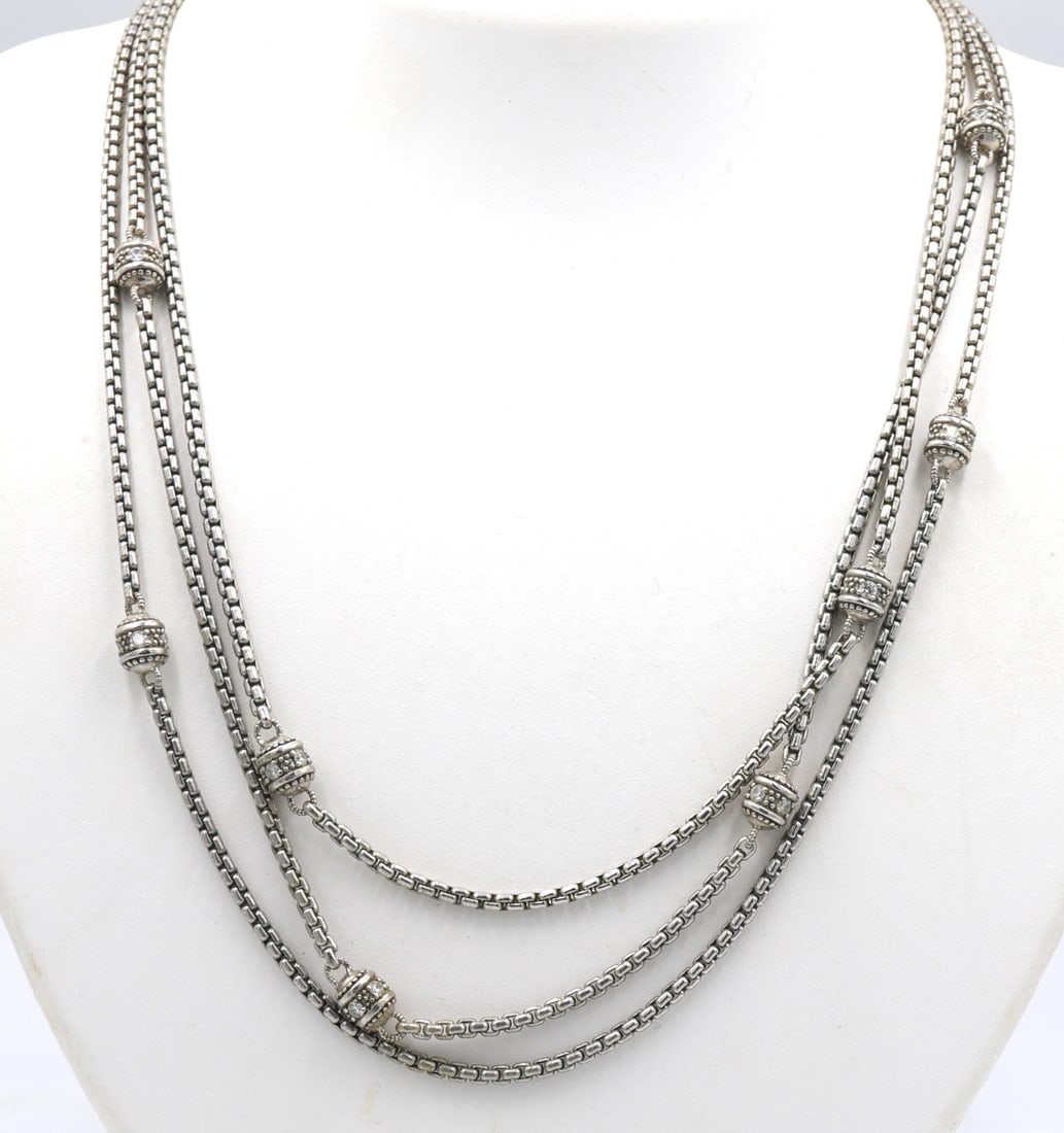 Judith Ripka 925 sterling silver crystal 3 row necklace: Judith Ripka 925 sterling silver crystal 3 row 18.5 inches necklace. Total weight of necklace is 58.9 grams.