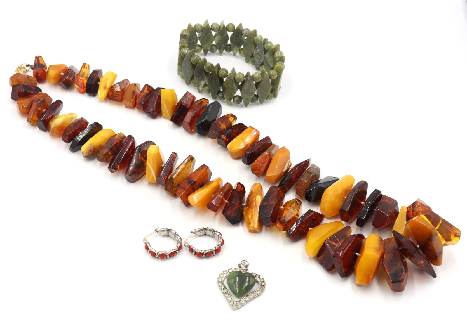 Lot of gemstone mixed Jewelry: Lot of gemstone mixed Jewelry. Sterling silver hoop earrings. bangle, pendant and chunky necklace. Total weight of lot is 178.6 grams.