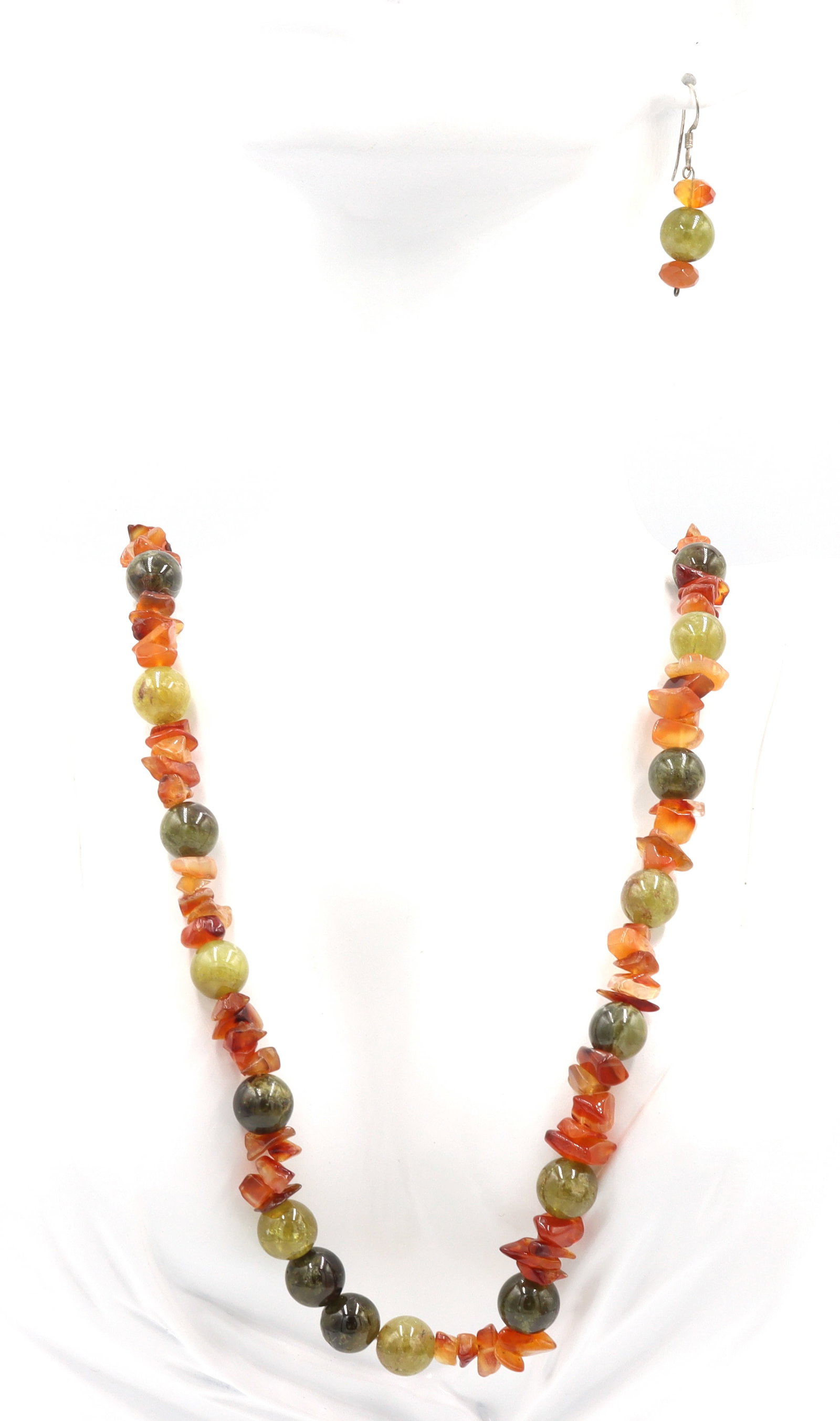 Set of Amber and Jade necklace with dangle earrings: Set of Amber and Jade 24 inches necklace with dangle earrings in 925 sterling silver. Total weight of lot is 87 grams.