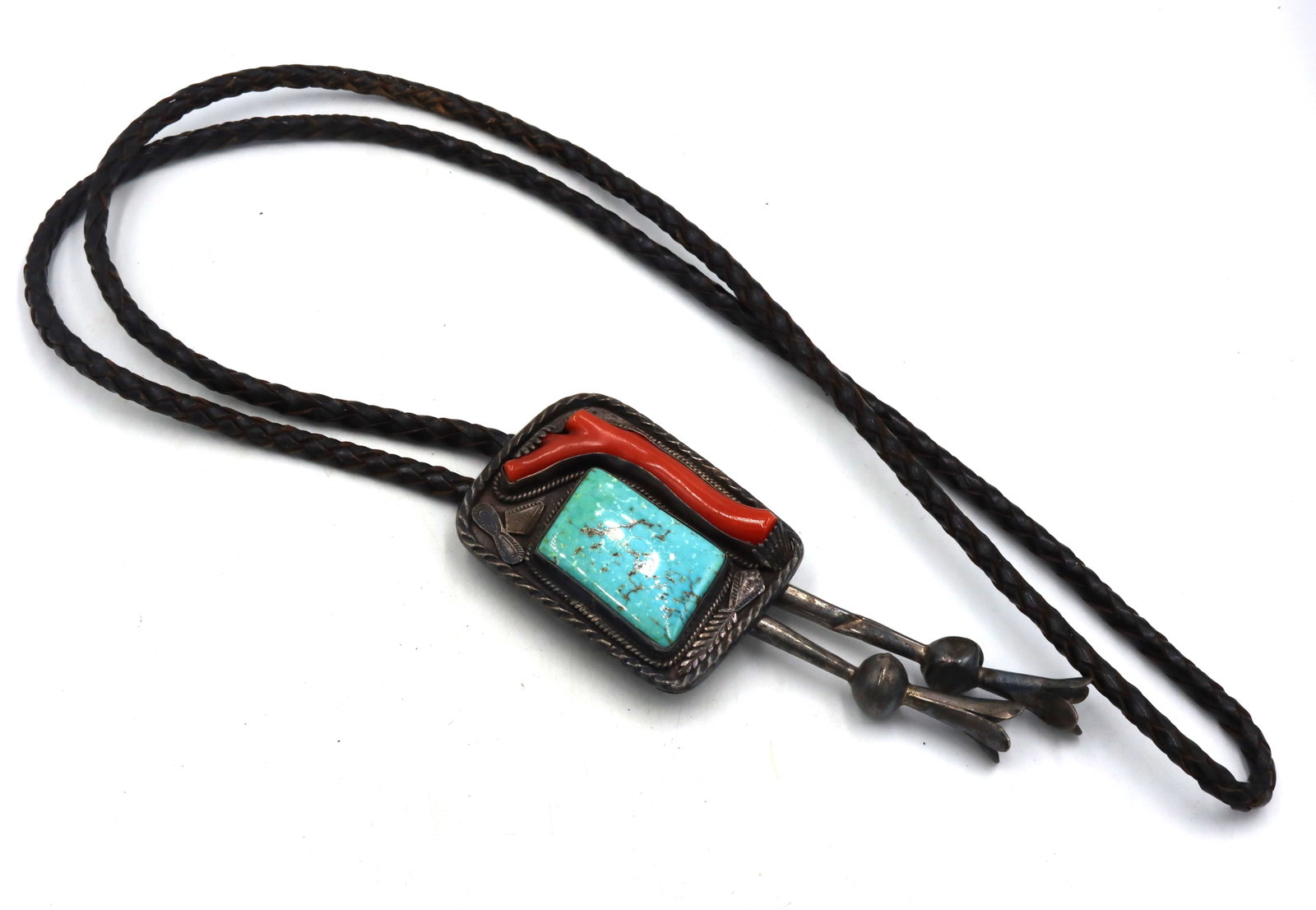 Vintage 925 sterling silver turquoise and coral Bolo tie: Vintage 925 sterling silver turquoise and coral Bolo tie.