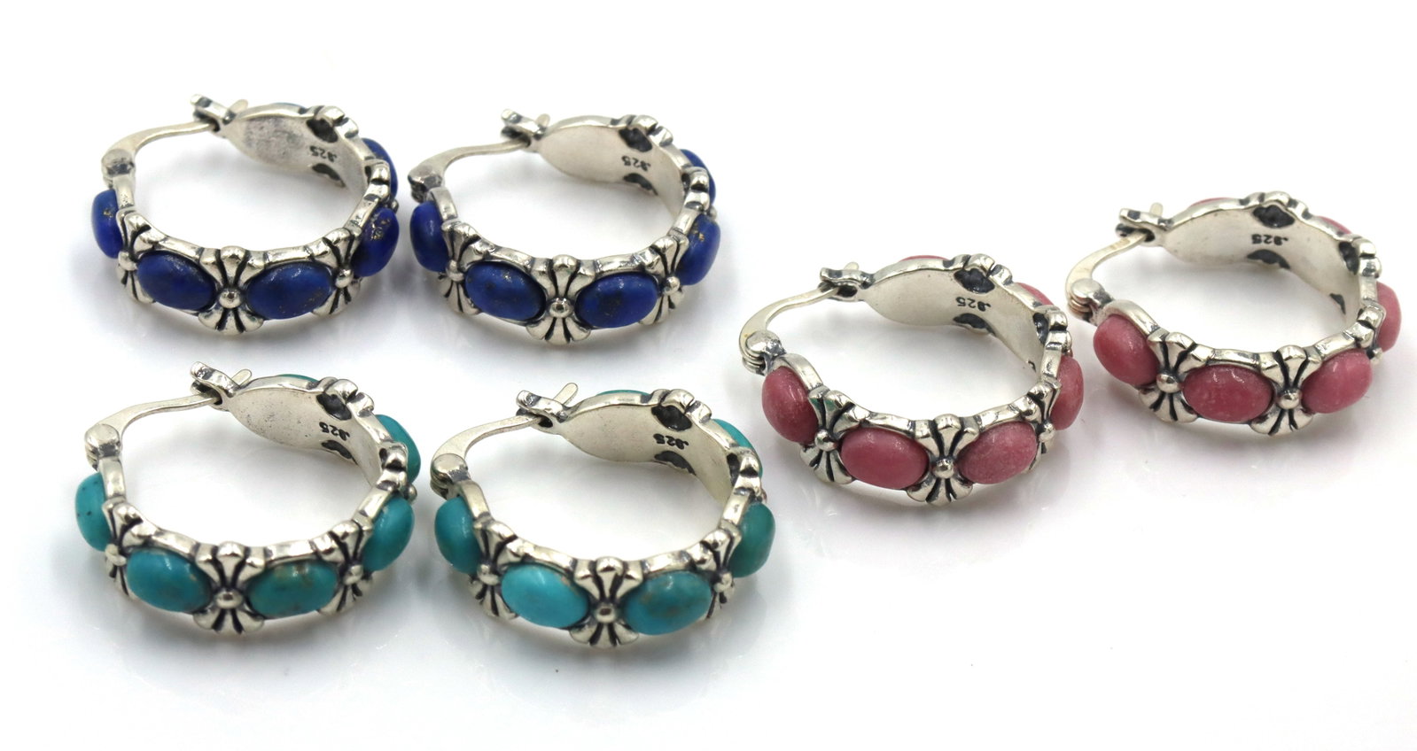 3 Pairs of 925 sterling silver gemstone hoop earrings: 3 Pairs of 925 sterling silver gemstone hoop earrings. The total weight of the lot is 25.3 grams.