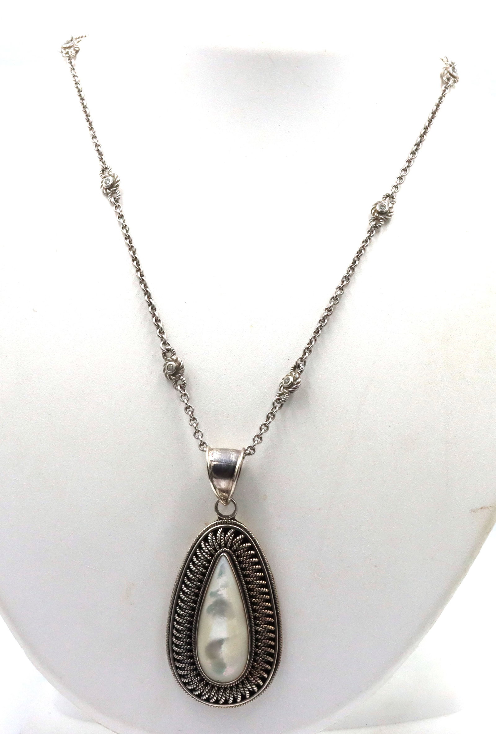 925 Sterling Silver BA Suarti Bali Mother Of Pearl Necklace: 925 Sterling Silver BA Suarti Bali Mother of pearl pendant with Crystal Station by the yard loing chain. 38.8 grams